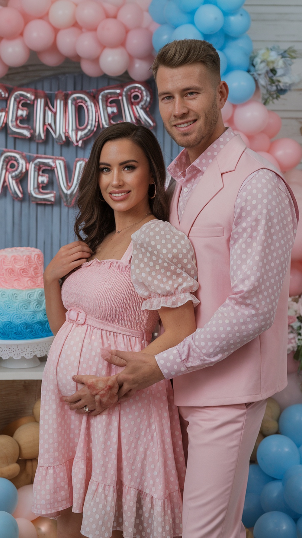A couple dressed in matching pink outfits for a gender reveal party.