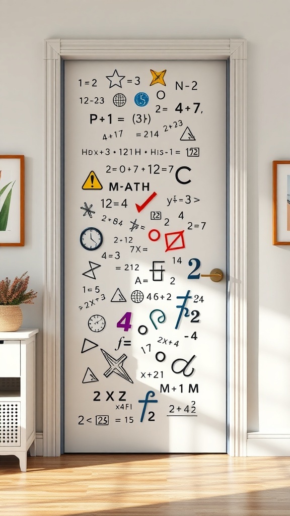 A classroom door decorated with various math symbols, equations, and colorful designs.