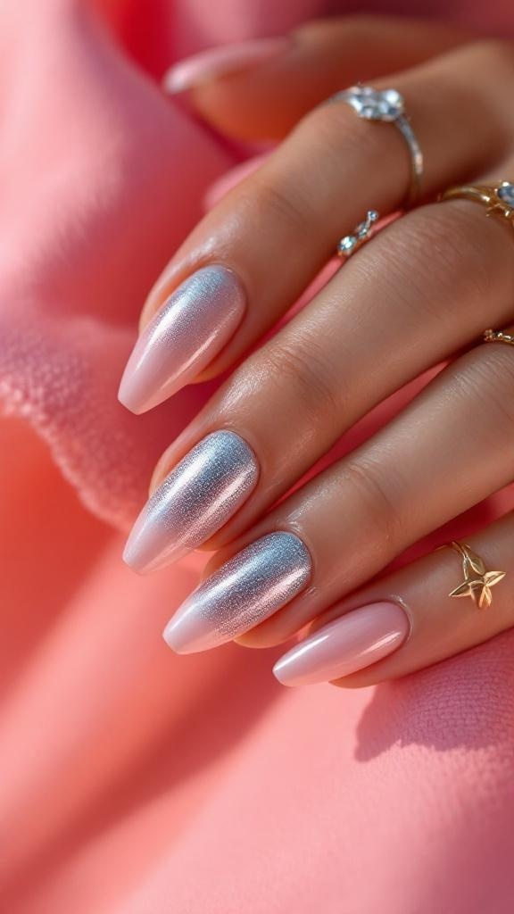 Close-up of a hand with matte pink and chrome nails, adorned with rings, against a soft pink background.