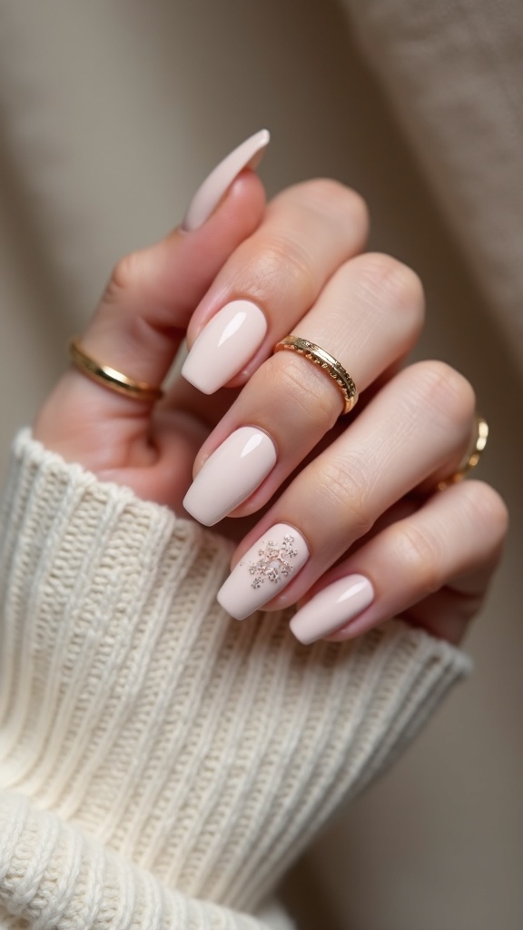 Close-up of a hand with matte milky nude nails and gold rings, showcasing a simple nail art design.
