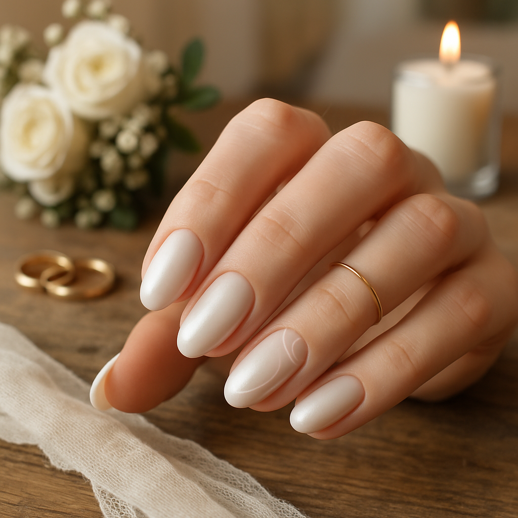 A hand with matte pearl finish nails, a gold ring, wedding rings, and white roses in the background.