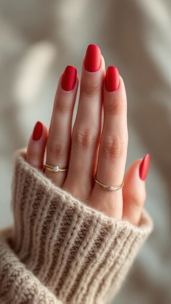 Close-up of hands with matte red nails and gold rings, wearing a cozy sweater.