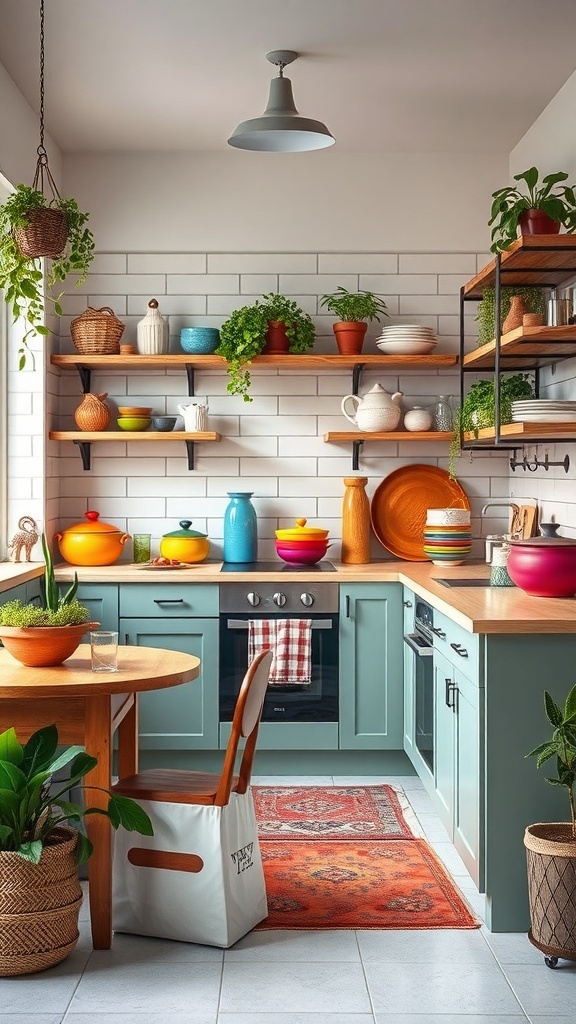 A colorful and cozy maximalist kitchen with vibrant bowls, plants, and a rustic table.