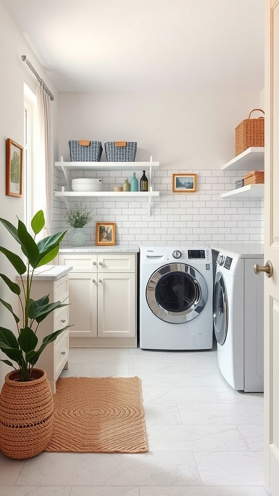 A stylish laundry room with white cabinets, open shelving, and a plant.
