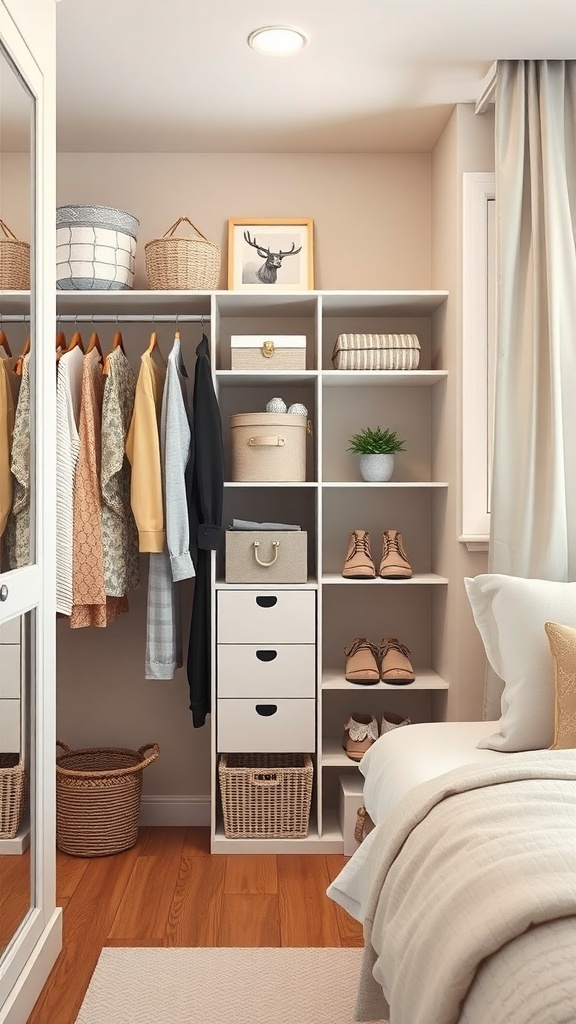 A small bedroom closet with organized clothes, shelves, and storage boxes.