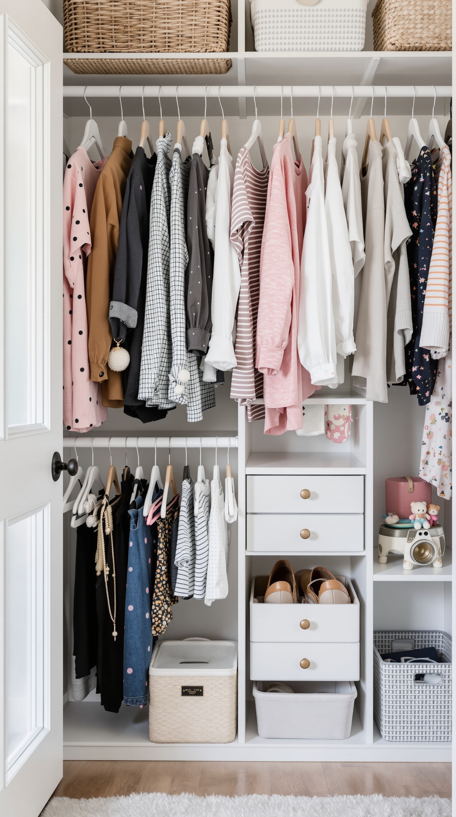 Organized kids closet with clothes on hangers and storage bins