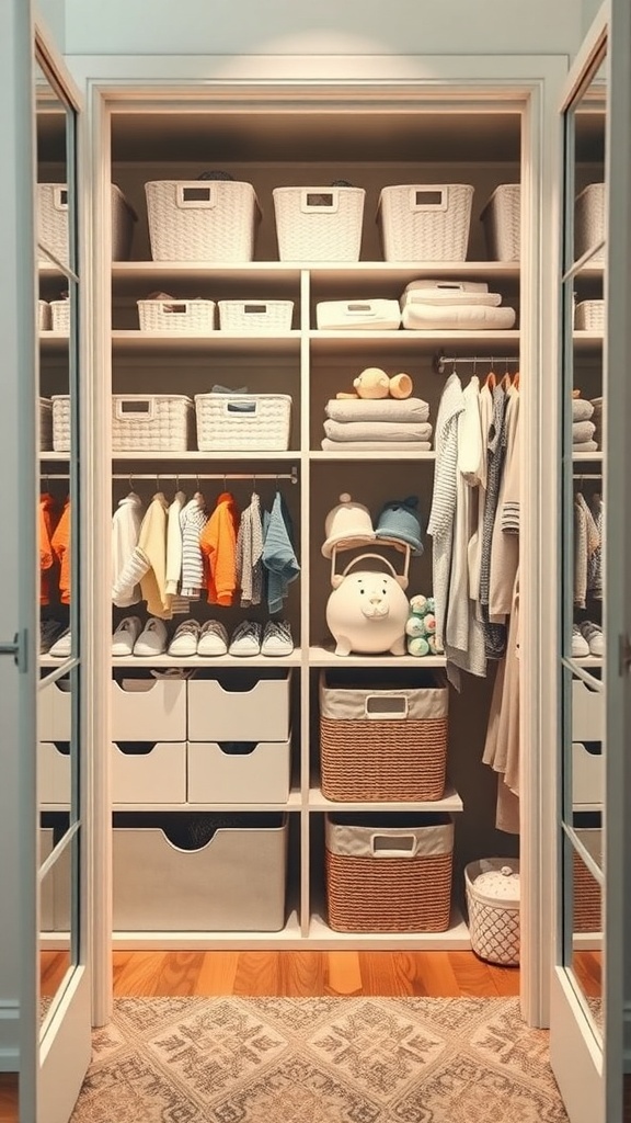 Organized nursery closet with baskets, folded clothes, and hanging outfits.