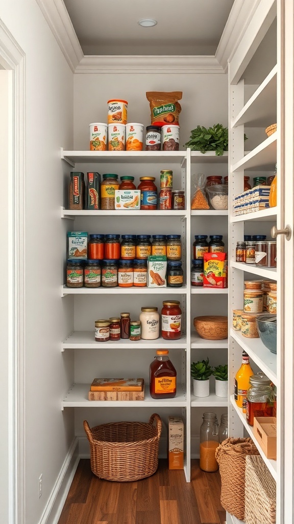 A well-organized small pantry with tiered shelving, showcasing various jars and containers.