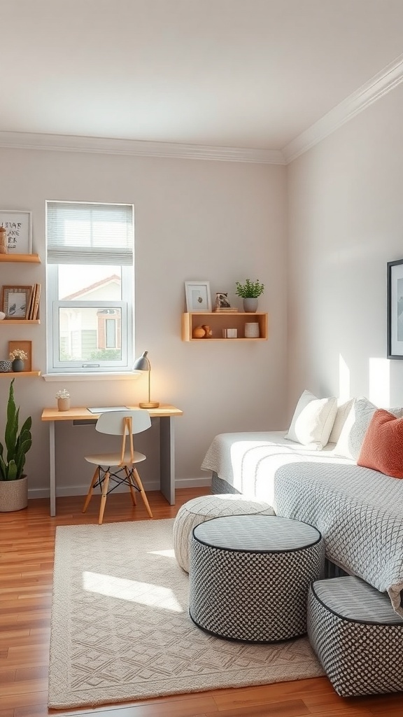 A small shared kids bedroom featuring a desk, sofa bed, and storage ottomans.