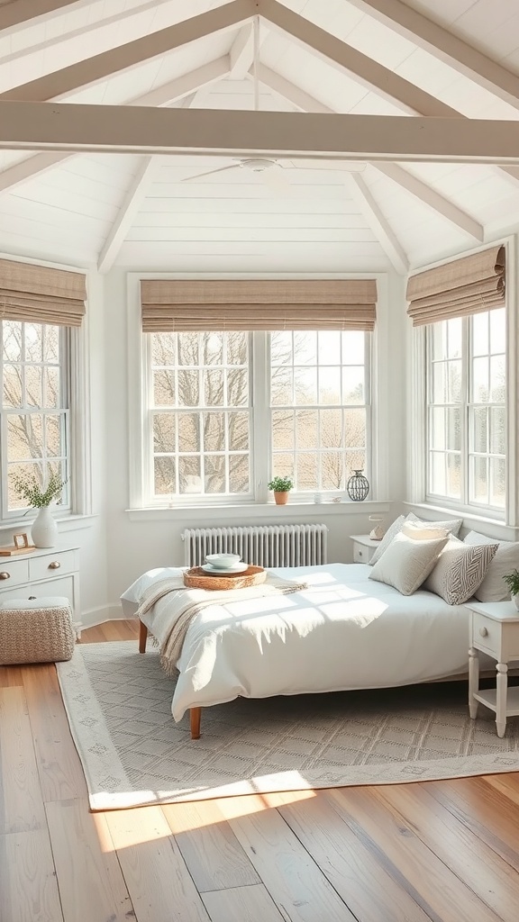 Bright and cozy cottage bedroom with large windows and natural light