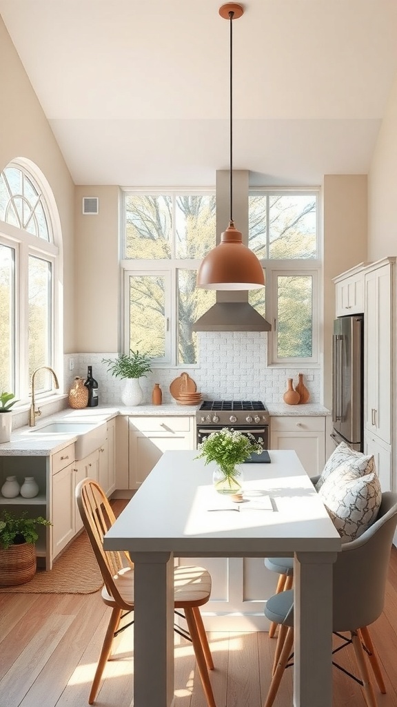 A cozy kitchen with large windows, light cabinetry, and a modern pendant light.