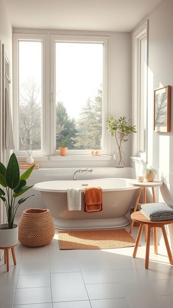 A bright and airy small bathroom with large windows, a white bathtub, and plants.