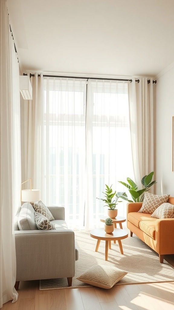 Bright living room with double curtain rods, sheer curtains, and plants, maximizing natural light.