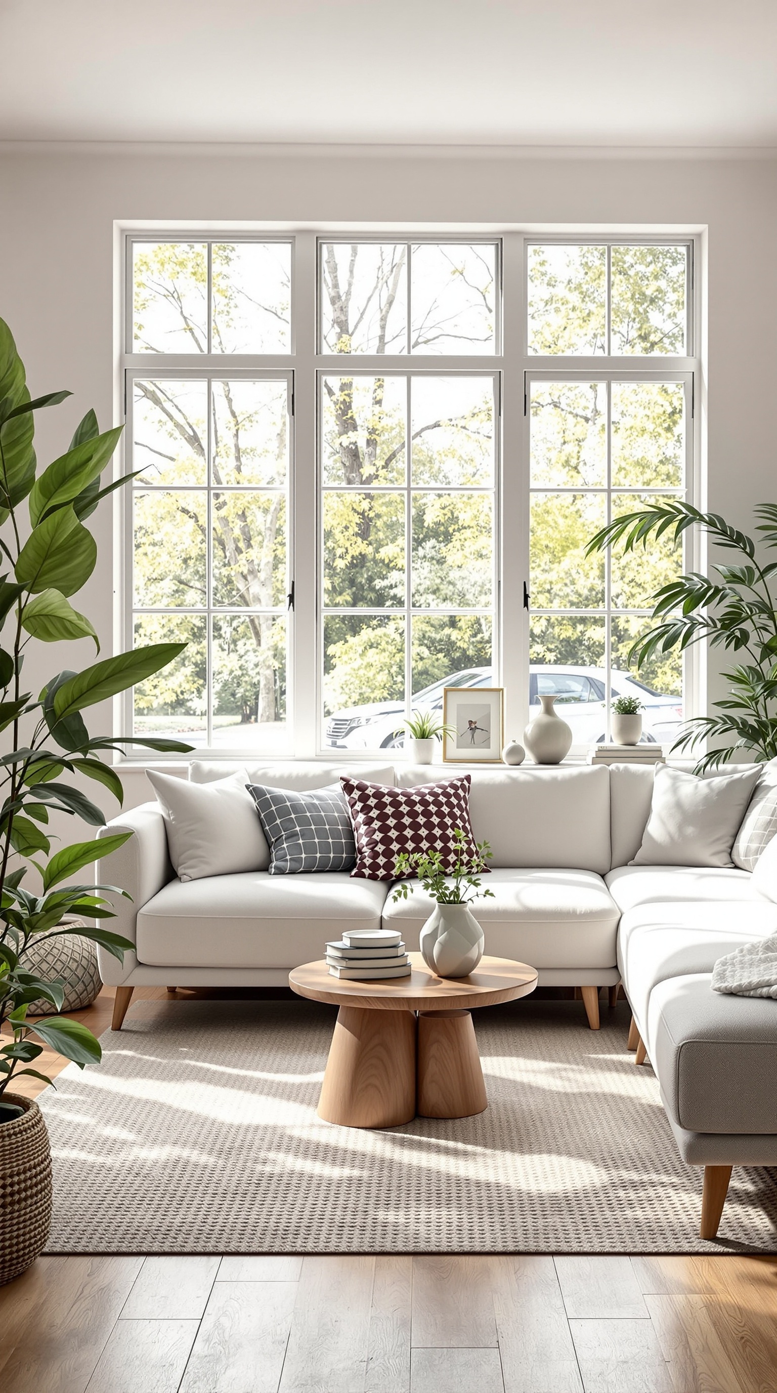 A bright family room with large windows, a light sofa, and plants, showcasing natural light.
