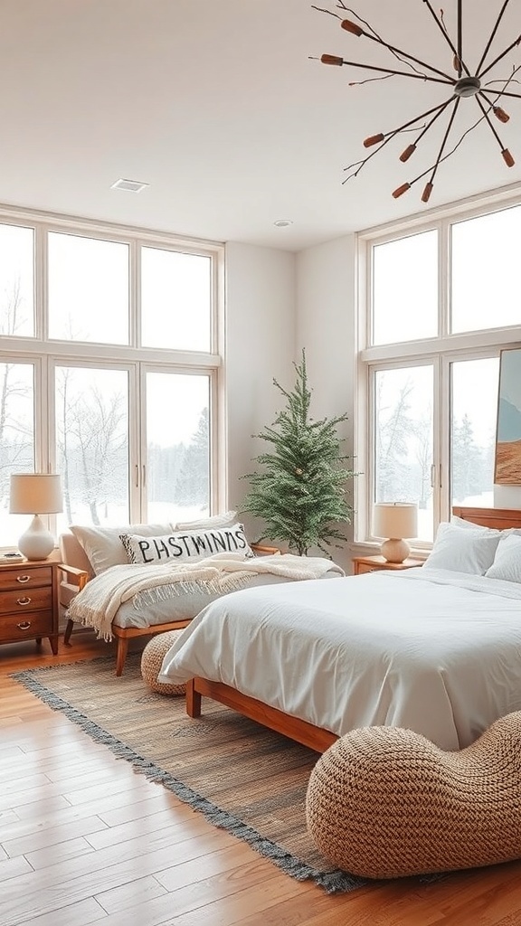 A cozy winter bedroom with large windows, light-colored decor, and natural elements.