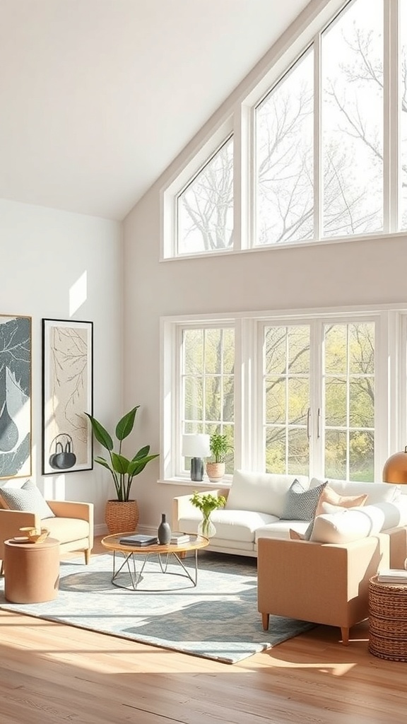 A bright and cozy living room with large windows, light-colored furniture, and plants