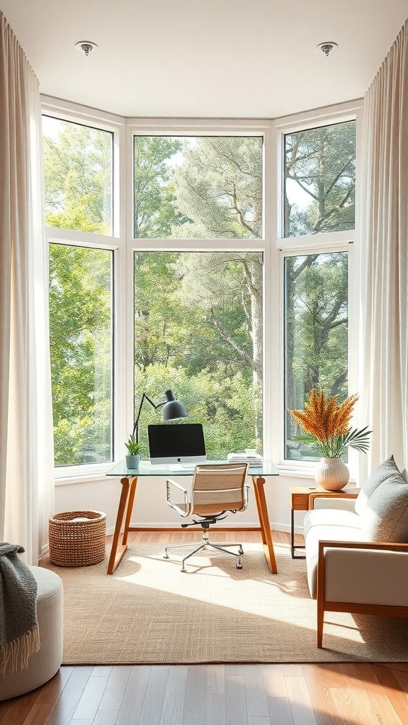 A cozy home office with large windows, a desk, and plants, filled with natural light.