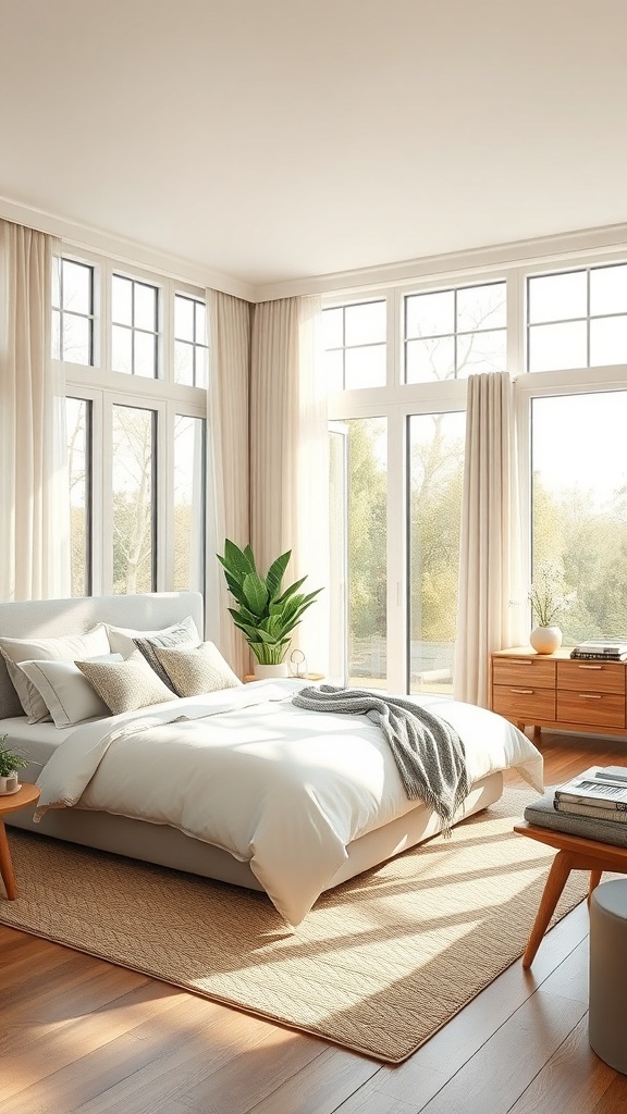 Bright king bedroom with large windows, soft curtains, and a plant, showcasing natural light.