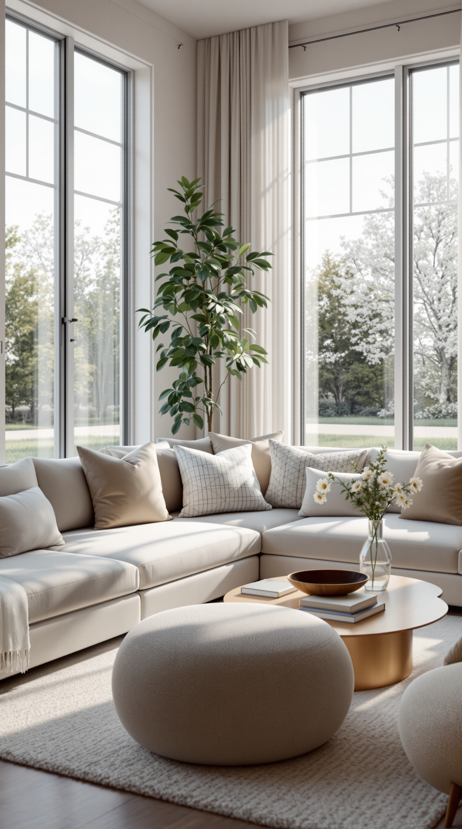 Bright family room with large windows, modern furniture, and a cozy atmosphere