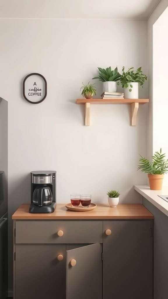 A cozy coffee station in a small kitchen featuring a coffee maker, cups, and plants on a shelf.