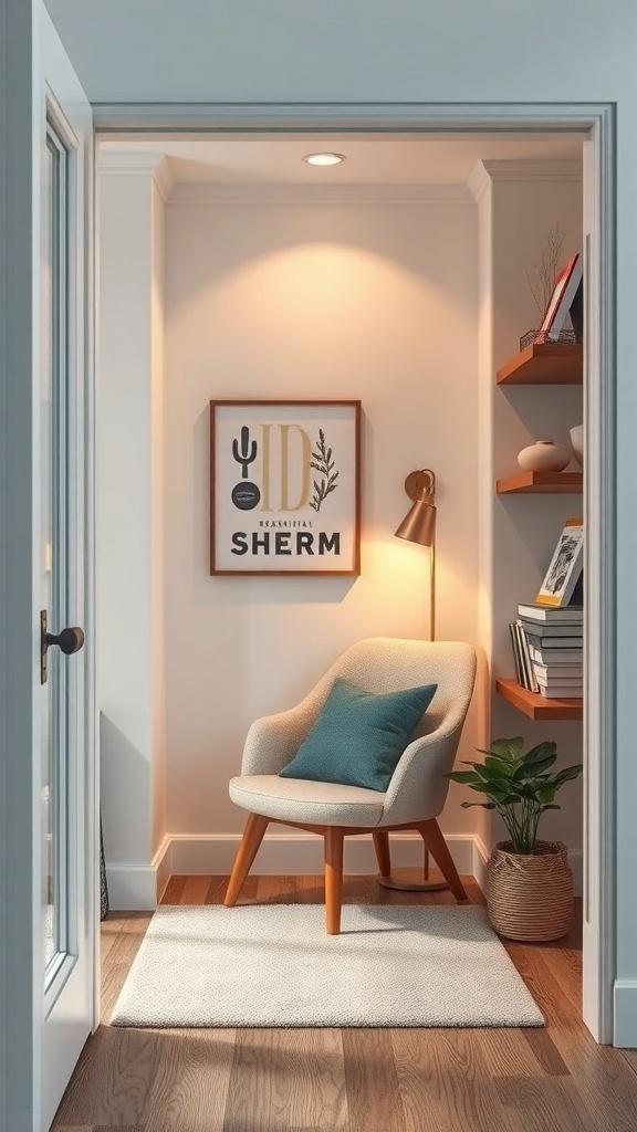 A cozy reading nook featuring a comfortable chair, warm lighting, and shelves filled with books.