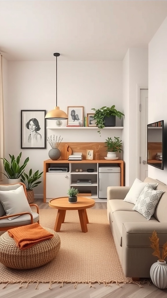 Cozy living room with light colors, plants, and comfortable furniture.