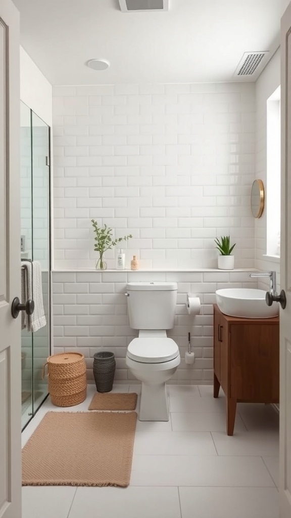 Guest bathroom featuring a modern design with neutral tones, a glass shower, and wooden vanity.