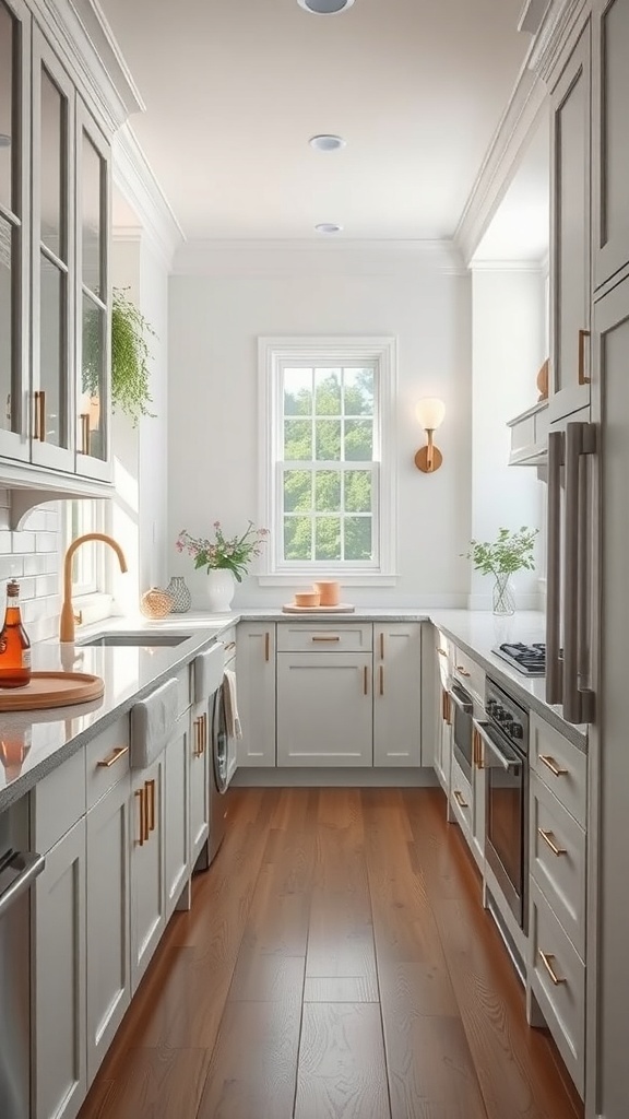 Bright and modern galley kitchen with islands and ample storage