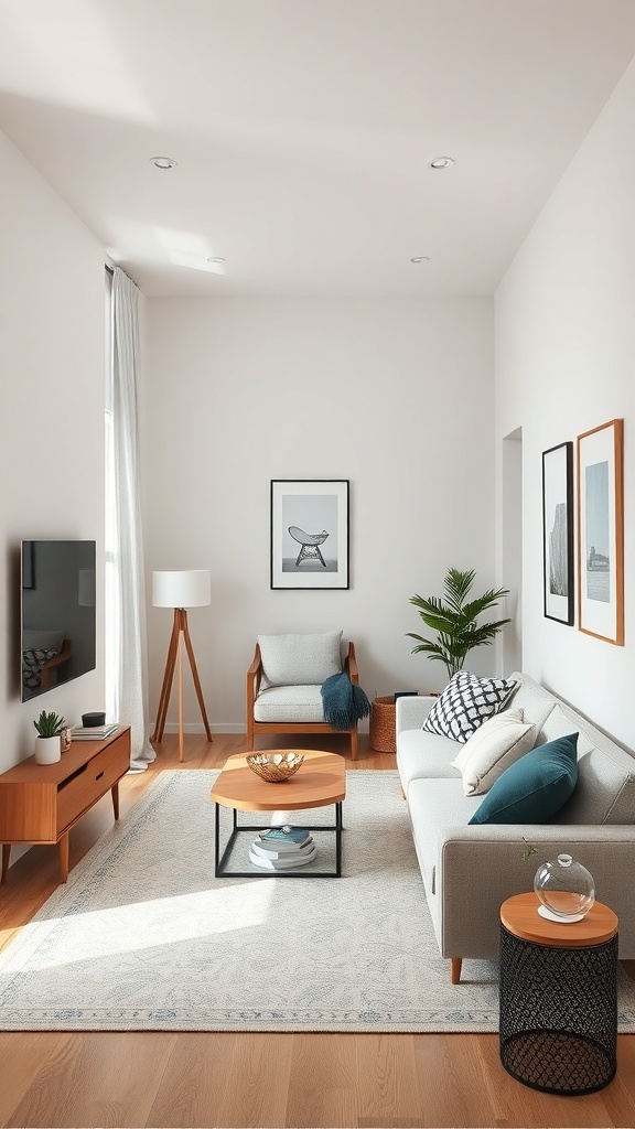 A narrow living room with a sofa, coffee table, and decorative elements, showcasing an efficient layout.