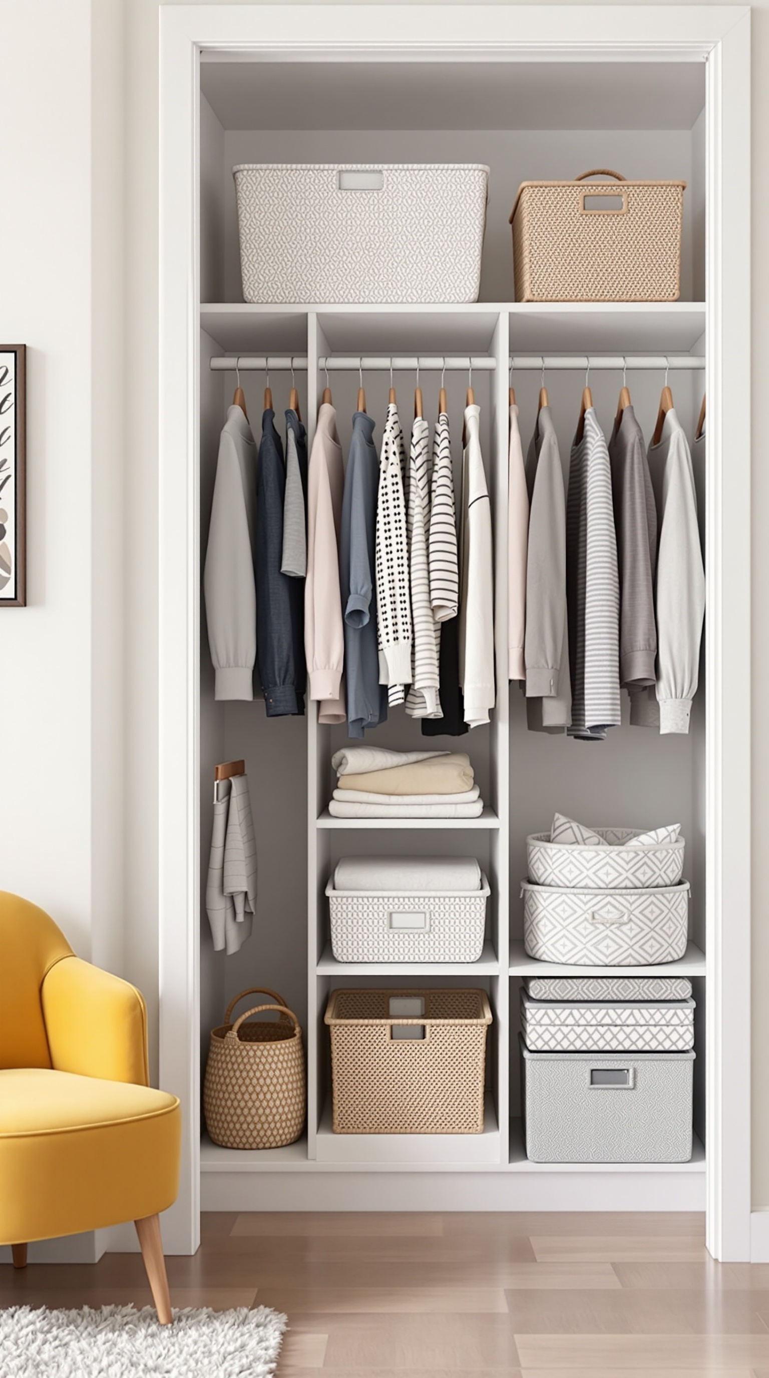 Organized baby closet with clothes, baskets, and storage bins