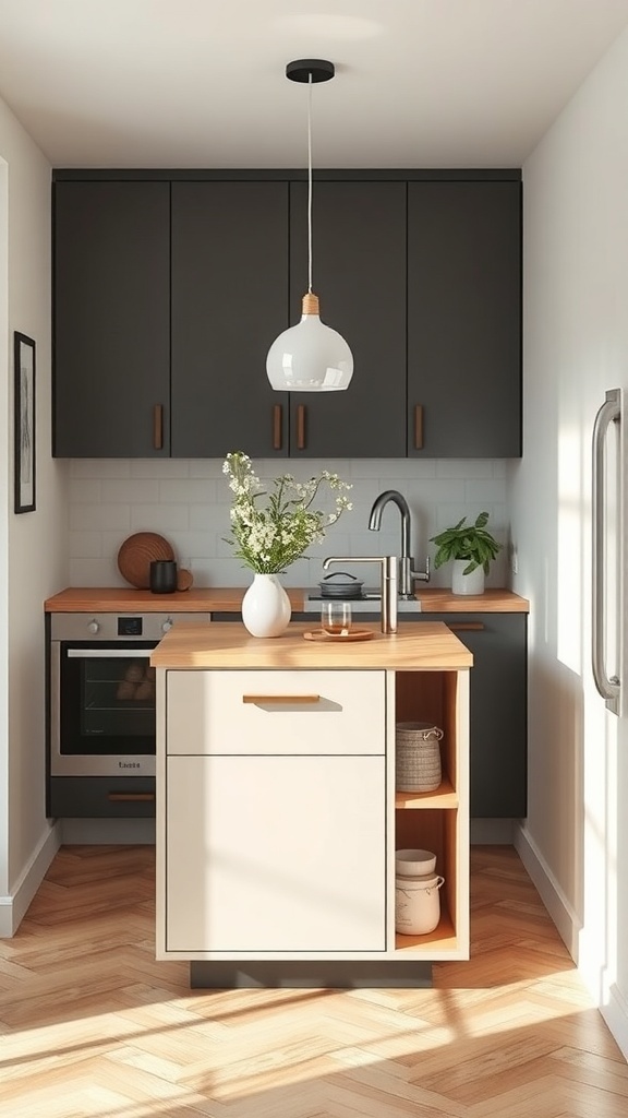 A compact kitchen island in a small kitchen with dark cabinets and a light wood countertop, featuring a vase of flowers on top.