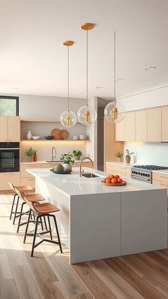 Modern kitchen with a large island and seating, featuring wooden cabinets and stylish lighting.