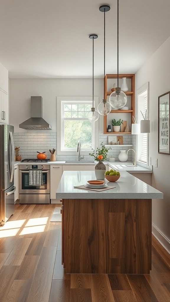 A modern kitchen featuring a narrow island with a light wood finish, illuminated by pendant lights, alongside stainless steel appliances.