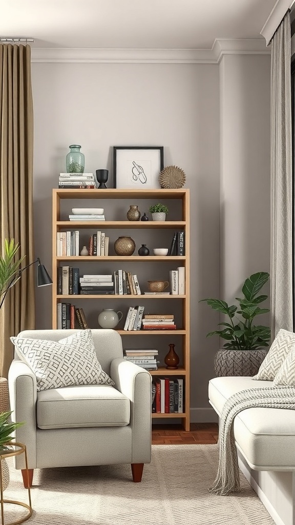 A small wooden bookshelf filled with books and decorative items, accompanied by a cozy armchair and a plant.