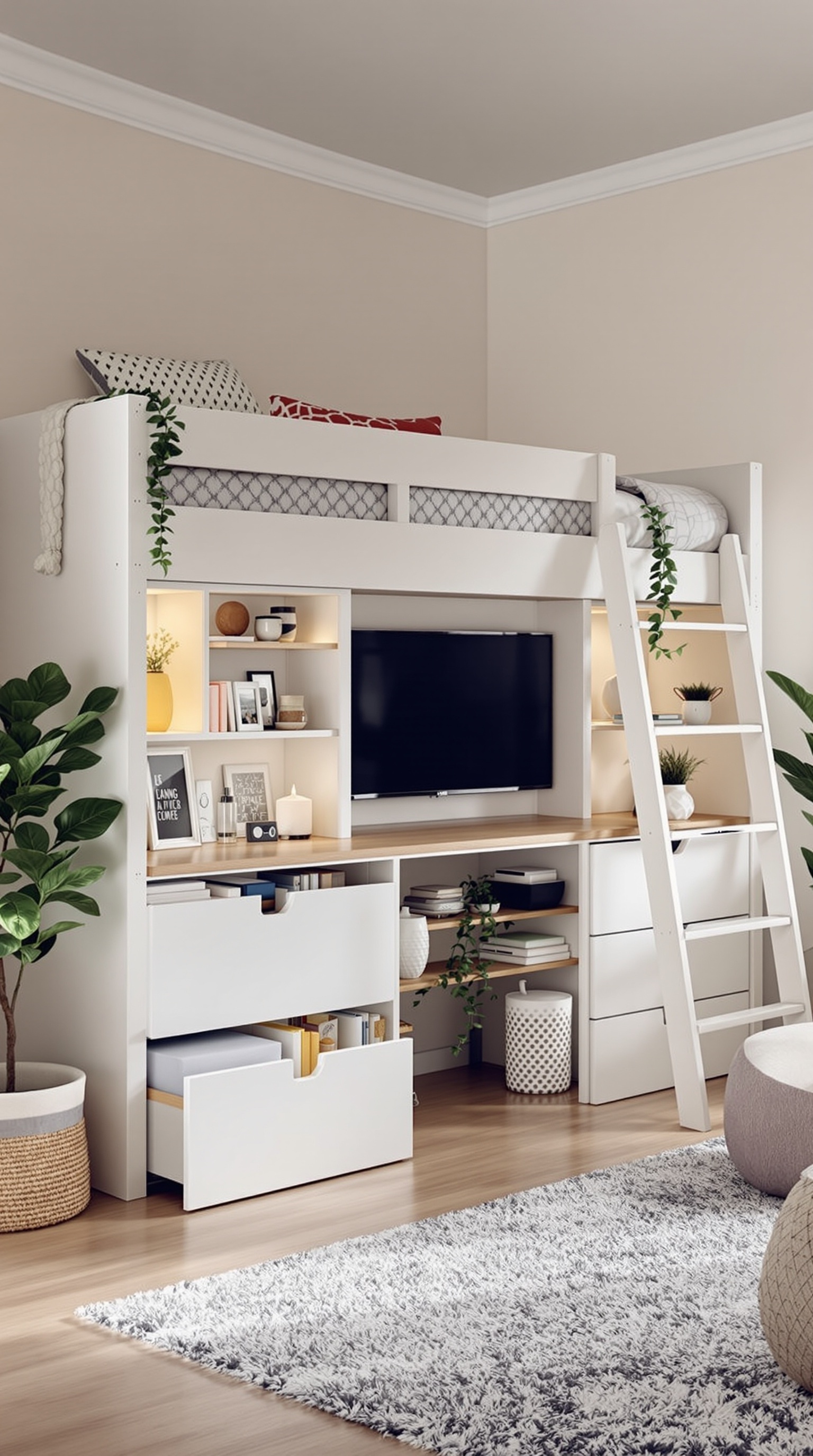 Stylish loft bed with built-in storage solutions, featuring shelves, drawers, and a TV.