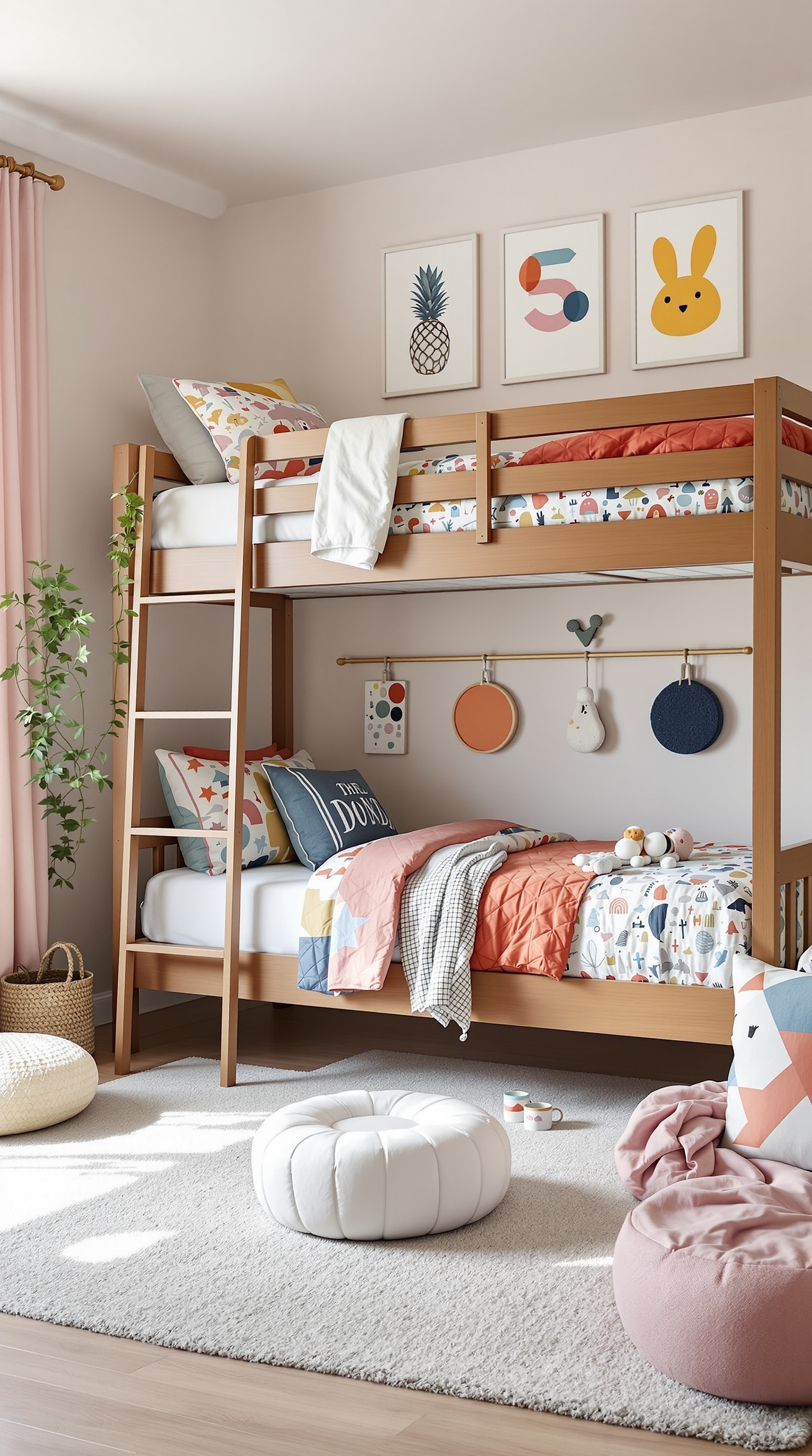 A shared bedroom with a bunk bed for a boy and girl, featuring colorful bedding and playful decor.