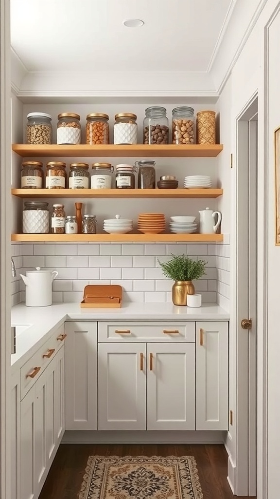 A well-organized butler's pantry featuring custom wooden shelving with jars and plates.