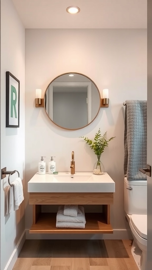 A modern half bathroom featuring a floating vanity with a round mirror, light wood finish, and a small plant.
