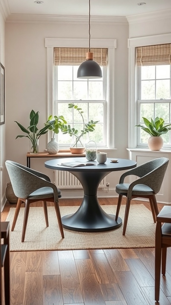 A small dining room featuring a round table and stylish chairs, surrounded by plants and natural light.
