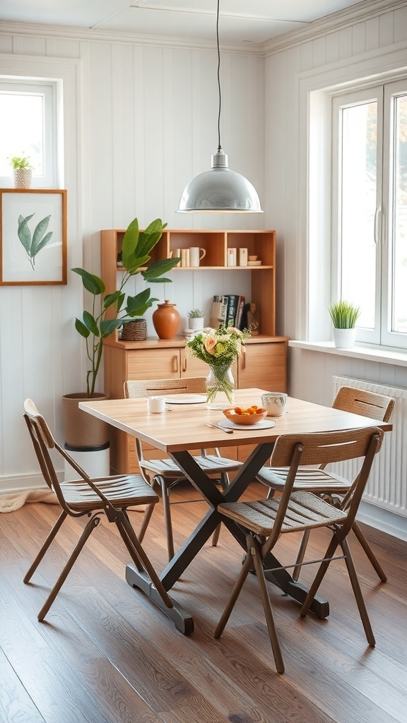 A small dining room featuring a wooden table with folding chairs, a shelf with plants, and a pendant light.