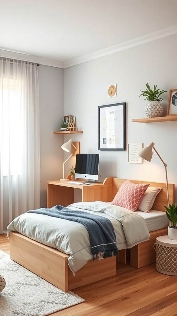 A small teen bedroom featuring a bed with storage, a desk, and wall shelves.