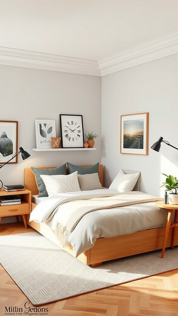 A cozy bedroom featuring a bed with storage, wooden furniture, and decorative wall shelves.