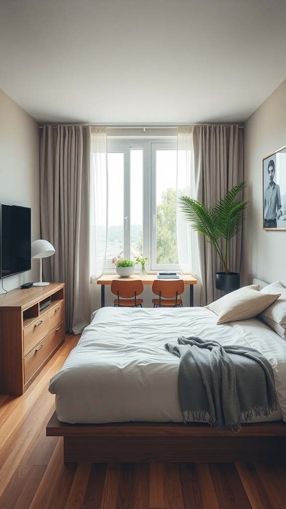 A cozy single bedroom featuring a bed, desk, and storage unit, designed with multi-functional furniture.