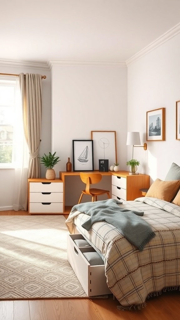 Cozy bedroom with multi-functional furniture, featuring a bed with storage drawers and a compact desk area.