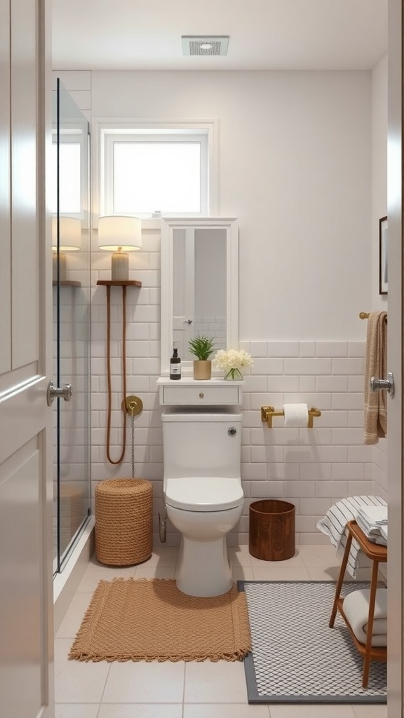 A stylish and compact bathroom featuring a shower, toilet, and clever storage solutions.