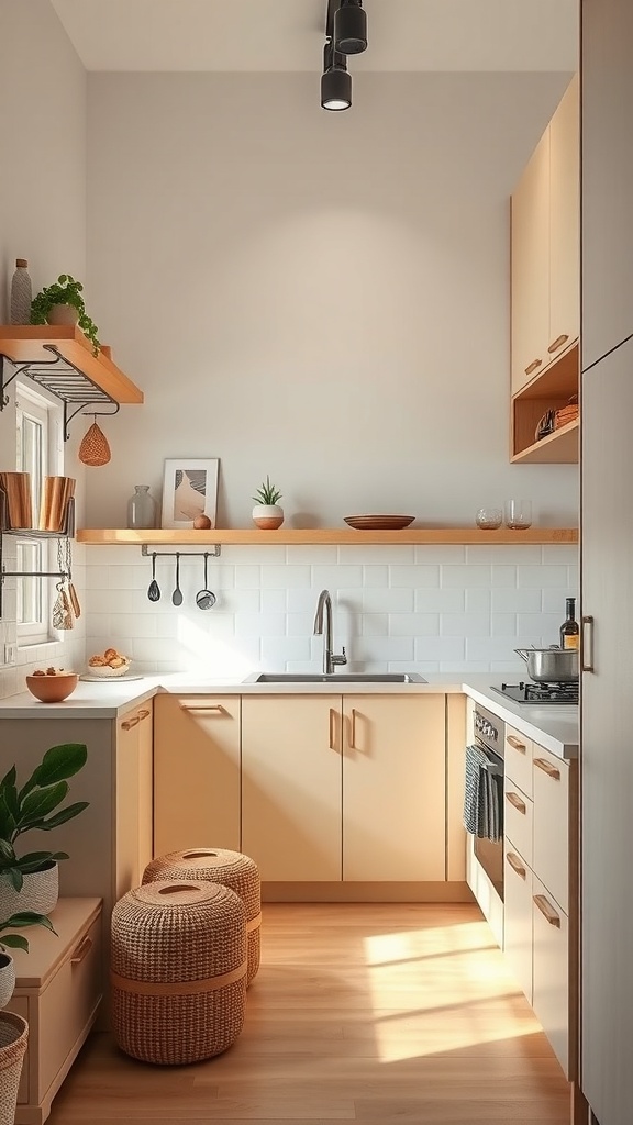 A modern apartment kitchen featuring light wood cabinetry, open shelving, and smart storage solutions.