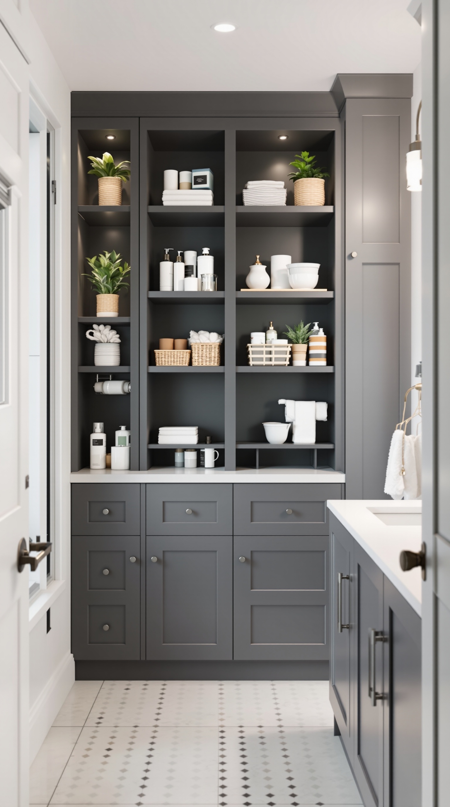 Modern family bathroom with smart storage solutions, featuring dark cabinetry and neatly arranged toiletries.