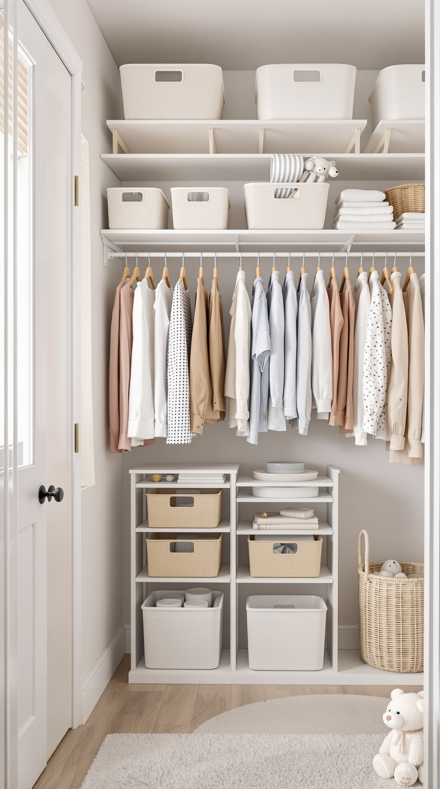 Organized baby room closet with shelves, hanging clothes, and storage bins
