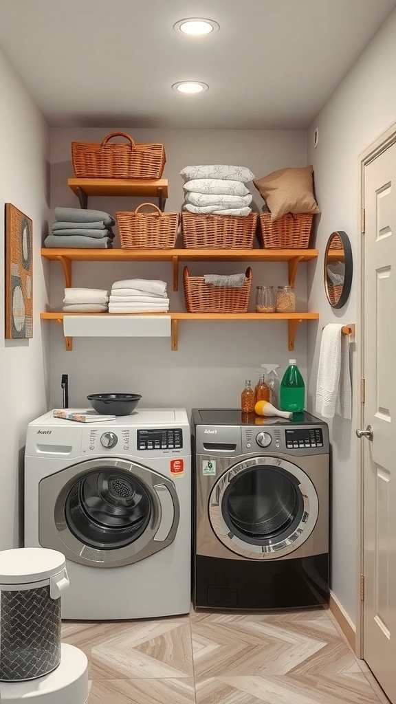 A basement laundry room featuring vertical storage with shelves holding towels and baskets above two washing machines.