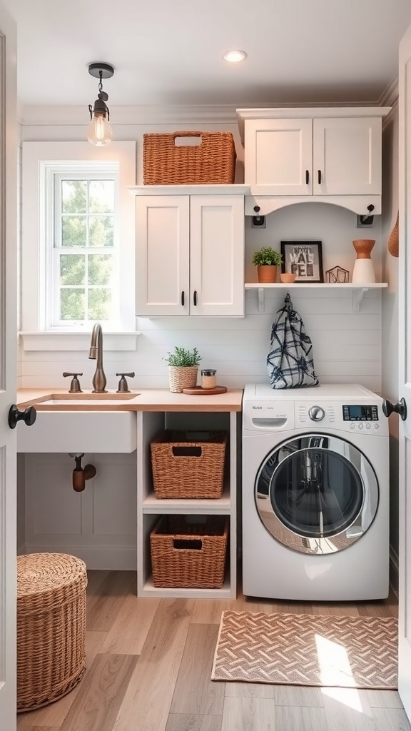 A stylish mud room laundry room combo featuring white cabinetry, woven baskets, and a small stool.